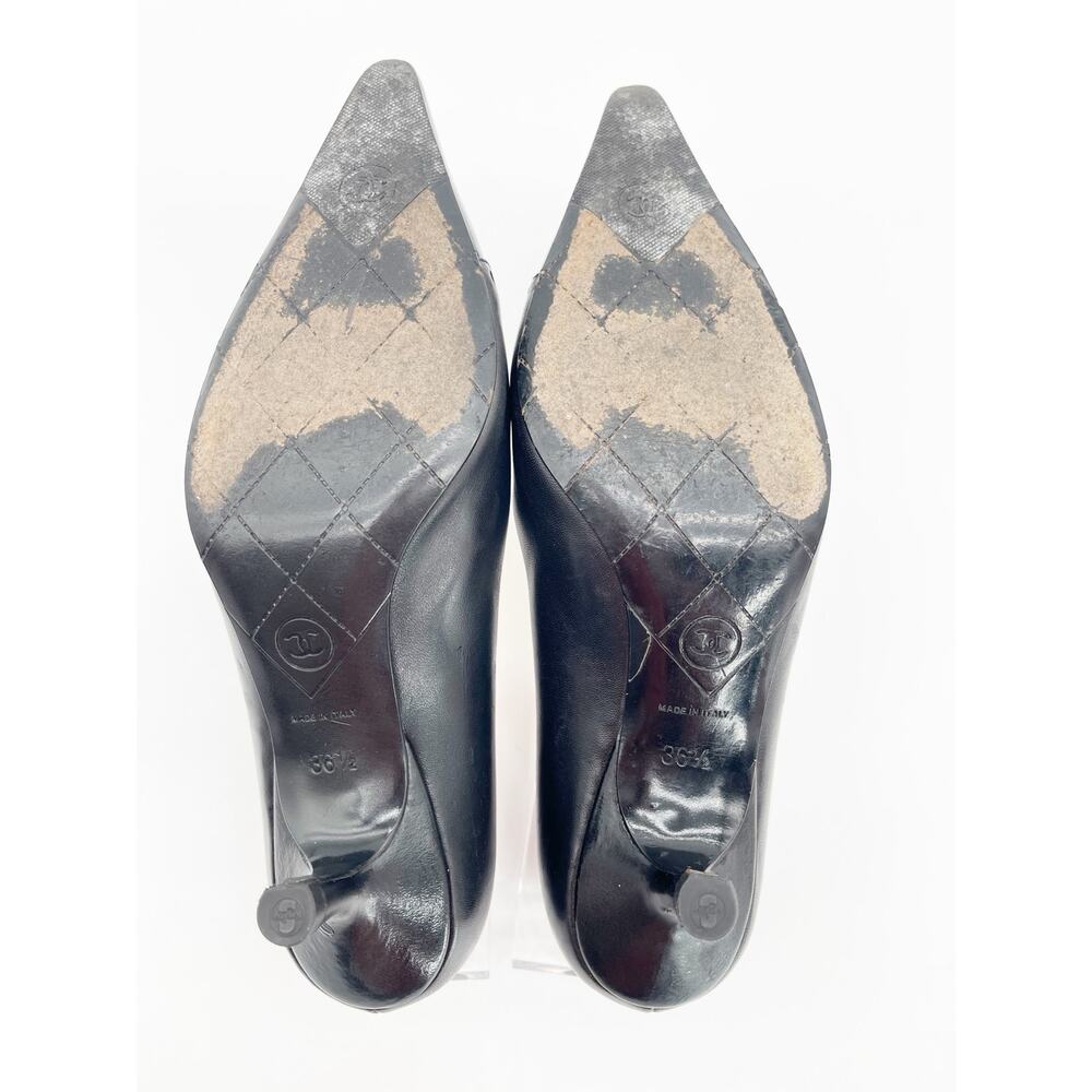 Chanel Vintage Black Leather Cap Toe CC Logo Kitten Heel Pointed Pumps EU 36.5 - Picture 13 of 14